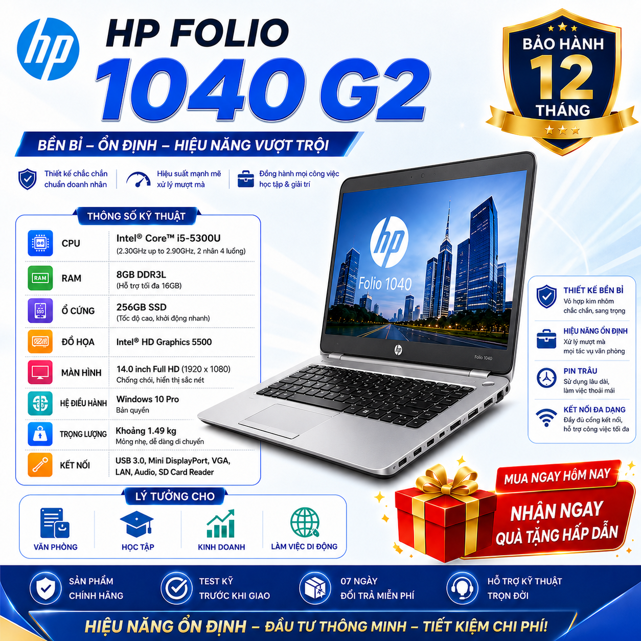 Laptop HP Folio 1040 G2/I5-5300/Ram 8GB/SSD 256GB